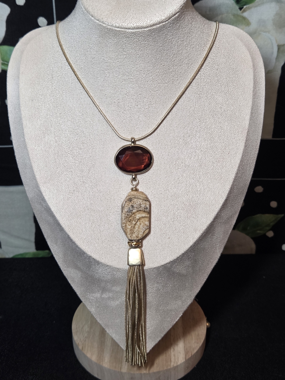Chico's Gold-Tone Necklace with Red Gem and Beige Stone Tassel